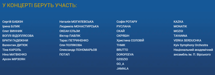 Список исполнителей на концерте к 30-летию независимости Украины
