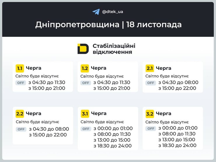 днепропетровская область график отключения света 18 ноября