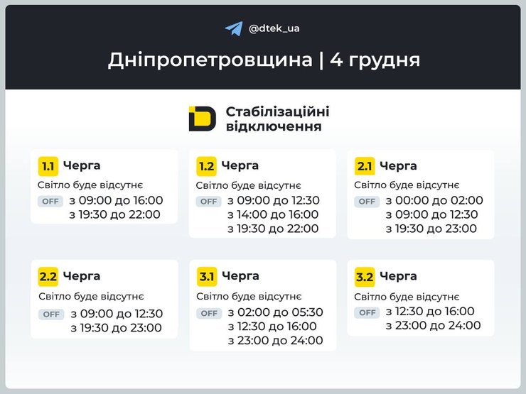 Коли 4 грудня вимкнуть світло у Дніпропетровській області?