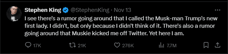 Стівен Кінг, письменник, мережа Х, Маск