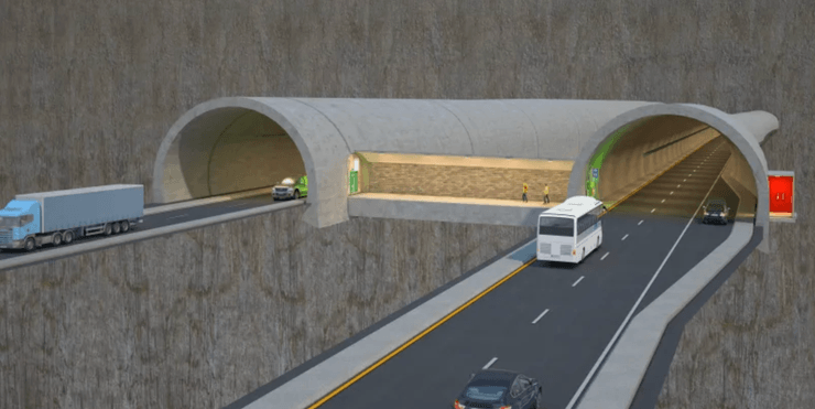 Визуализация подводного автомобильного туннеля Rogfast с двумя трубами и движением транспорта в Норвегии