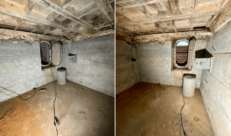 Внутрішній вигляд бетонного бомбосховища під житловим будинком у Каліфорнії з масивними стінами і герметичними дверима