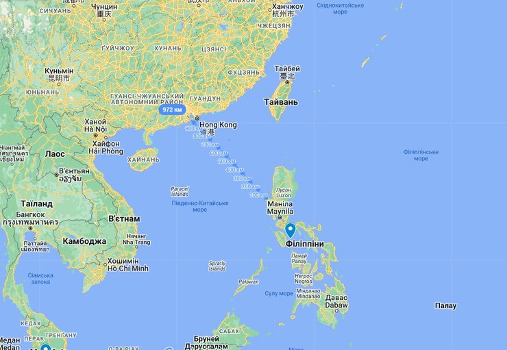 Филиппины и Китай — взаимное расположение