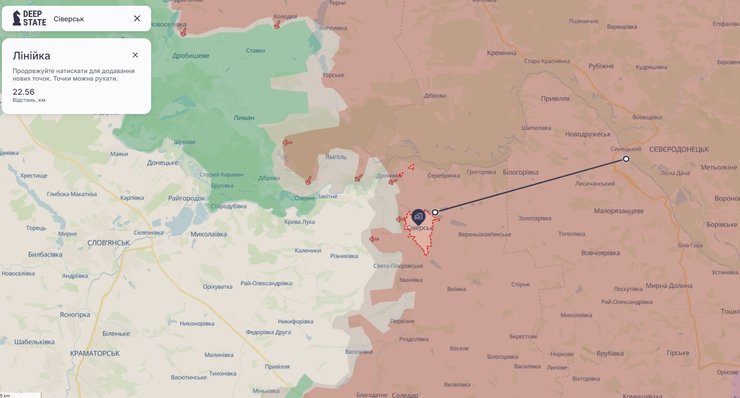 Карта DeepState про ситуацію в Сіверську станом на 24 грудня