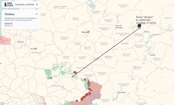 Карта с расстоянием до завода "ВНИИР-Прогресс" и Чебоксар, которое пролетели дроны СБС ВСУ