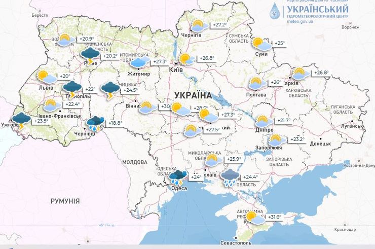 Погода в Украине 23 июля, карта
