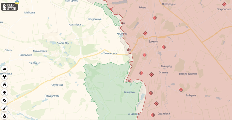 Карта DeepState - Бои в районе Бахмута
