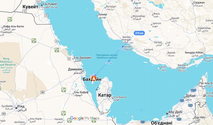 Карта з місцерозташуванням НПЗ Bapco в Бахрейні, по якому Іран вдарив 9 березня