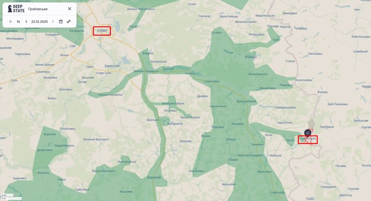 Карта боев в Грабовском, 20-23 декабря, DeepState