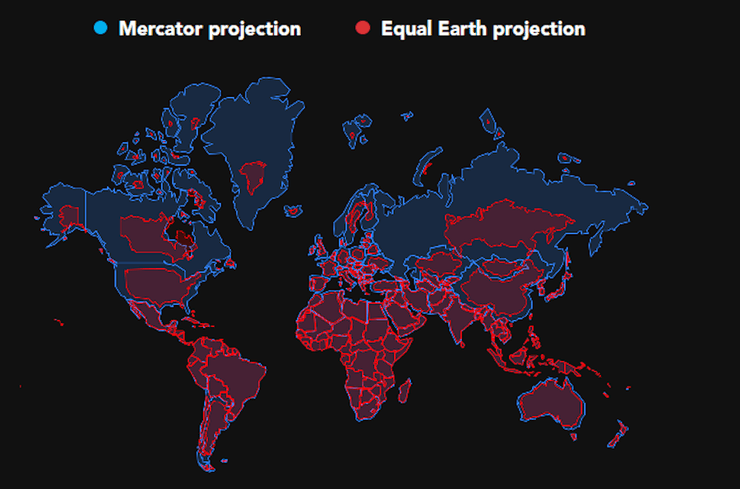 Сравнение проекций кампании "Ровная Земля" (красная) и Меркатора (синяя) / Correct the Map