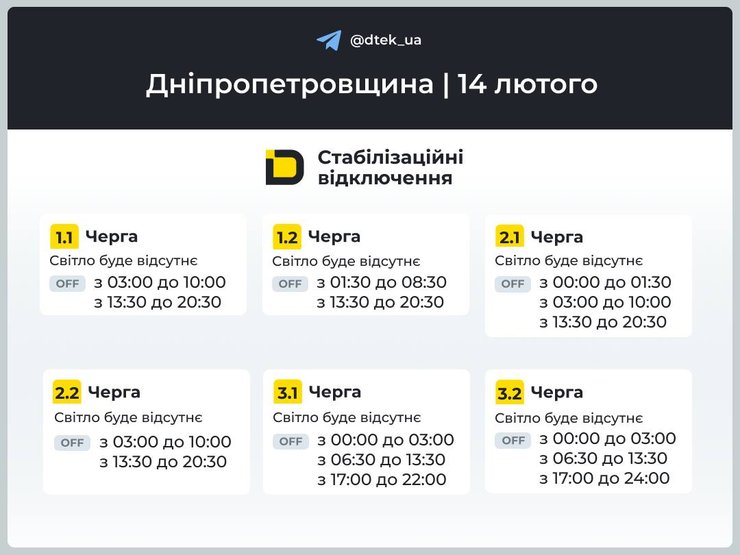 Дніпропетровщина ДТЕК графіки 14 лютого