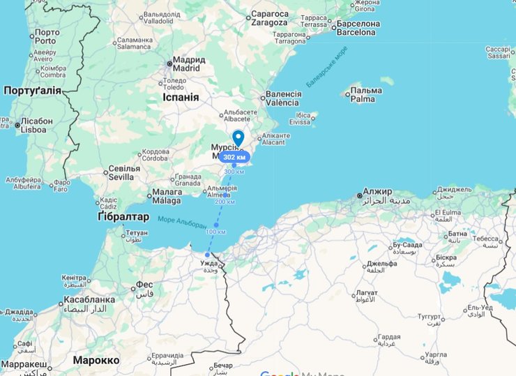 карта с расстоянием от Марокко до Сеута в Испании.