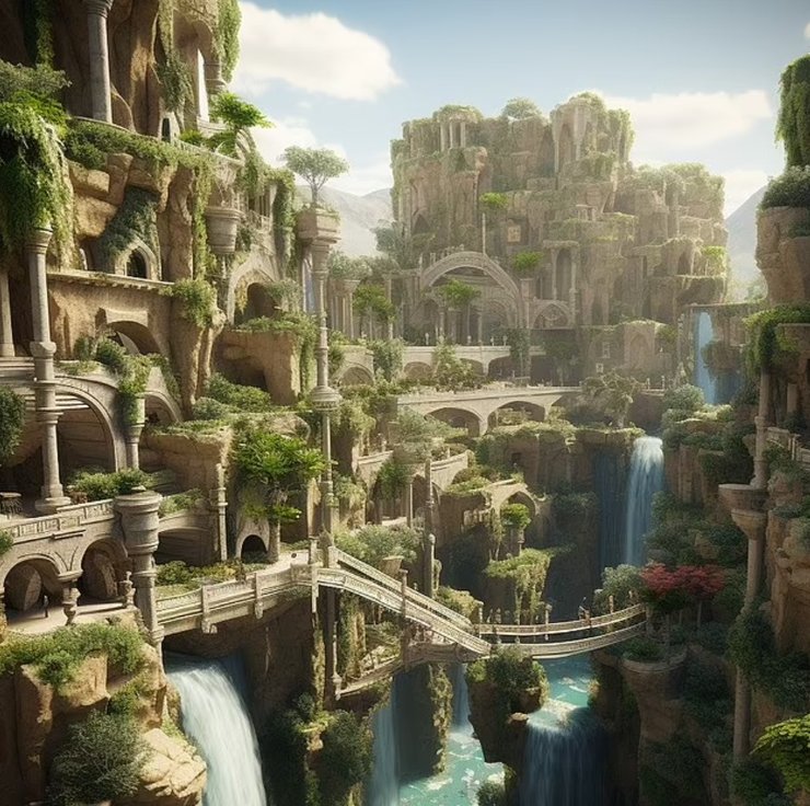 висячие сады Вавилона, висячие сады, висячие сады Семирамиды, археология, Семь чудес света, чудо света, Midjourney