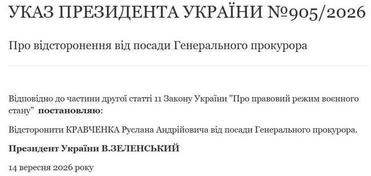 скриншот указа № 905/2026 президента Зеленского о Кравченко