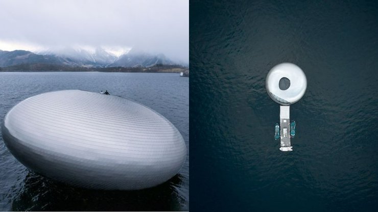 Плавучий ресторан Iris, The Salmon Eye, будівля на воді, гори, вода, схоже на НЛО, ресторан на воді, поверх під водою, сфера