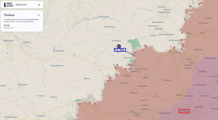 карта с зоной ответственности "Азова" в Донецкой области, весна 2026 года