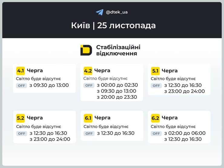 Графік відключень електроенергії на 25 листопада 4-6 змін у Києві