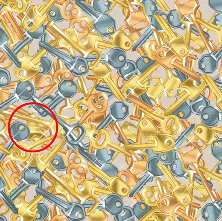 Визуальная головоломка, тест, задача, проверка зрения, проверка на внимательность, тренировка памяти, ключ, колокольчик, колокольчик среди ключей