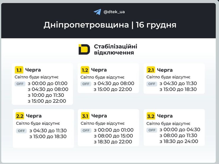 Графіки відключень світла в Дніпропетровській області на 16 грудня