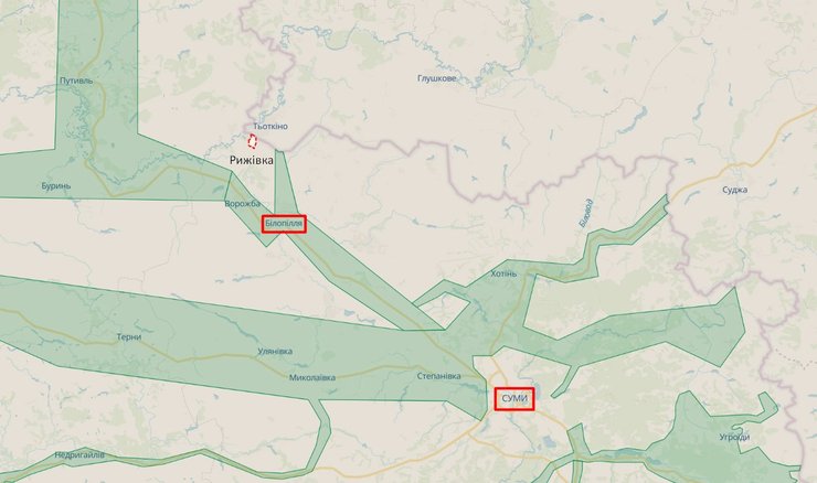 Наступление на РФ, фортификации Сумская область, зубмы дракона Белополье, Рыжевка, карта