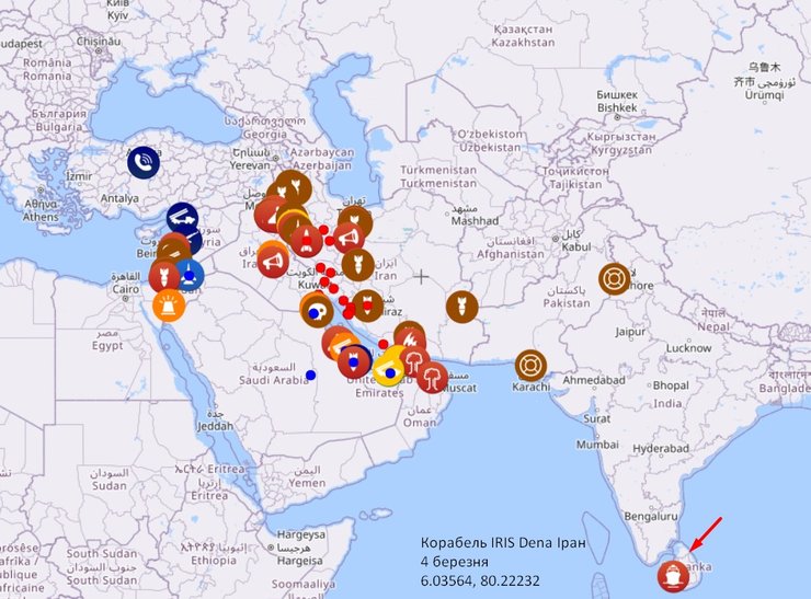 Карта з даними про те, де потонув корабель IRIS Dena Ірану 4 березняа