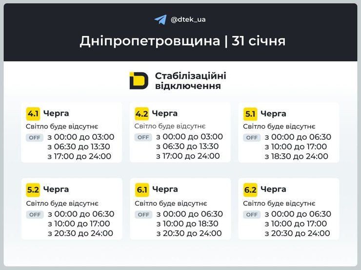 Графіки відключень світла на 31 січня для 4–6 черг у Дніпропетровській області Графіки відключень світла на 31 січня для 4–6 черг у Дніпропетровській області