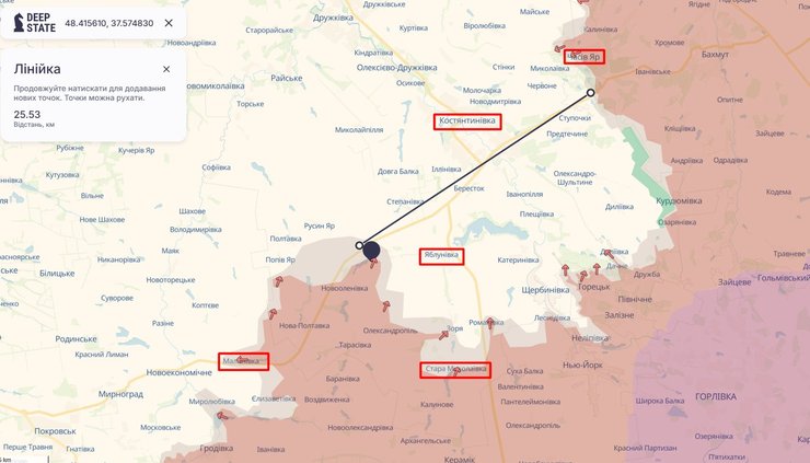 DeepState показав карту наступу РФ 28 травня у бік Костянтинівки