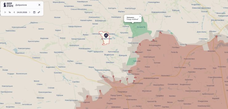 Карта фронту під Добропіллям після наступу 1 корпусу "Азов", 24 березня 2026 року
