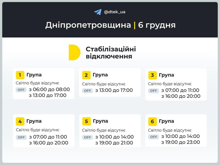 Графики отключений, 6 декабря, Днепропетровская область, Днепр, ДТЭК