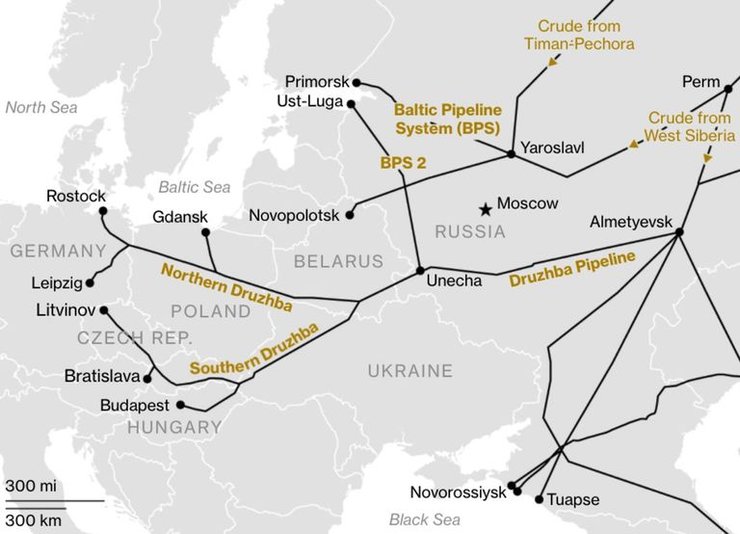 Карта нефтепровода "Дружба"/ Bloomberg, AW Consulting