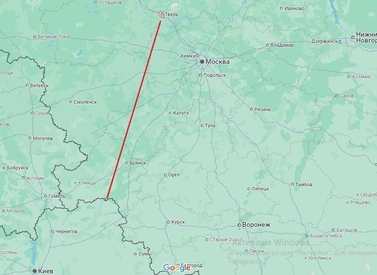 Расстояние от Твери до границы с Украиной