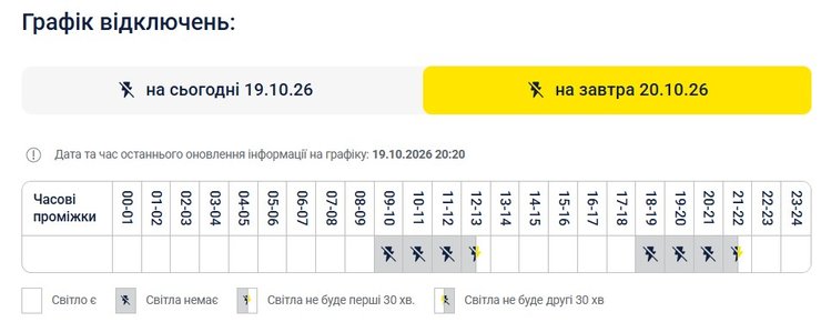 дані ДТЕК про графіки відключення світла для Києва 20 жовтня