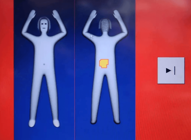 Обезличенный аватар человека на экране современного сканера безопасности с выделенной зоной потенциальной угрозы