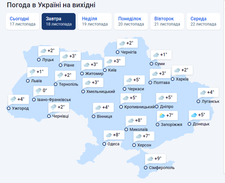 Погода в Україні 18 листопада - за прогнозом подекуди дощитиме
