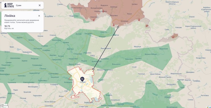 Карта линии фронта под Сумами по состоянию на 28 декабря, DeepState