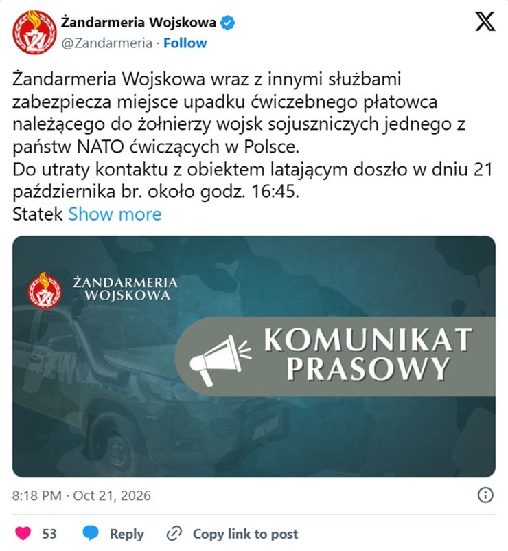 Повідомлення про те, що норвезький безпілотник упав у польському селі Виджа після втрати зв’язку, місце охороняють військові служби