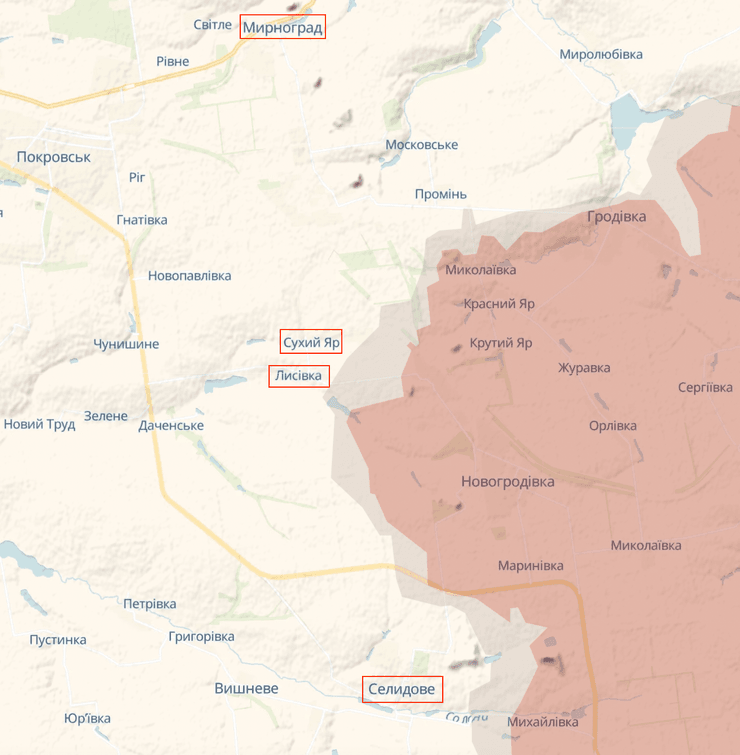 Селидово, Лысовка, Сухой Яр, Мирноград, Покровское направление, карта боевых действий