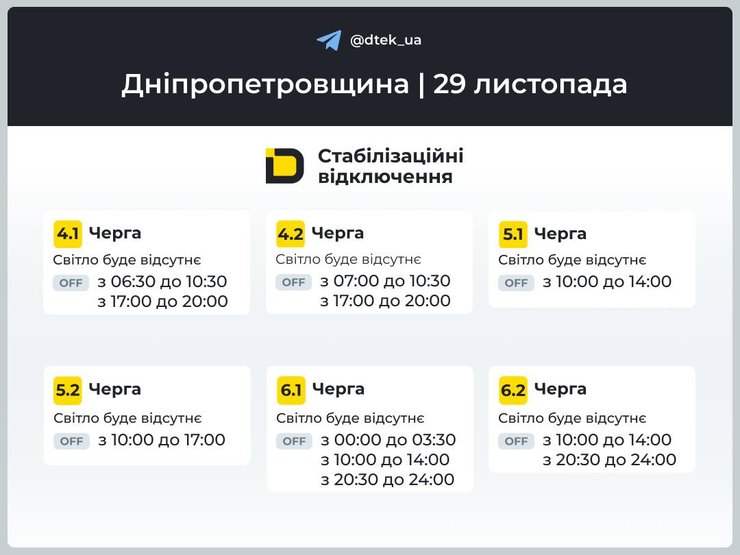 Графік відключень електроенергії у Дніпропетровській області на 29 листопада