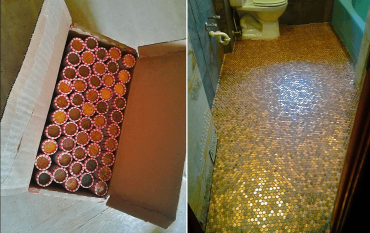 Коробка с рулонами монет, которые использовались для укладки пола в ванной комнате