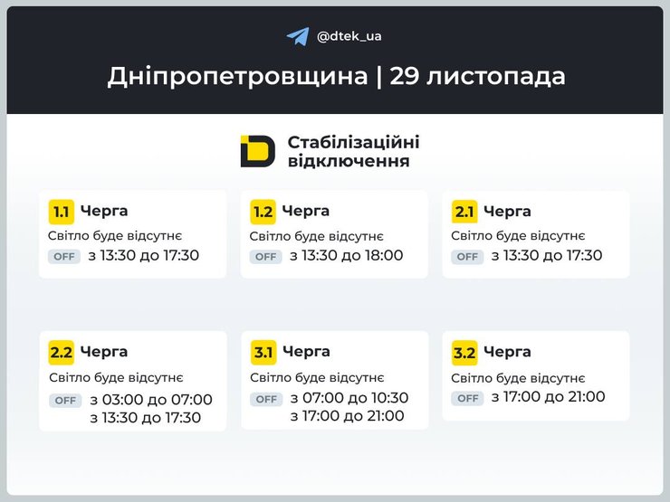 Графік відключень електроенергії у Дніпропетровській області на 29 листопада