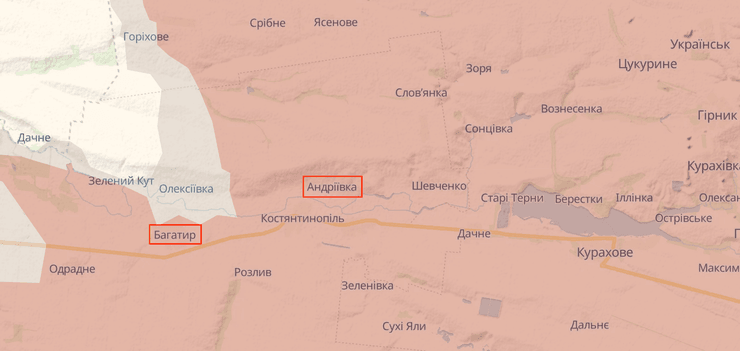 Села Андреевка и Багатир на карте боевых действий