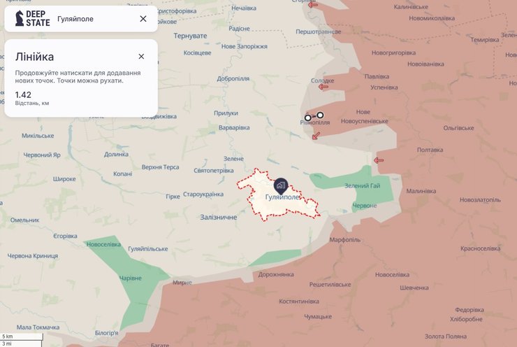 Карта лінії боїв між Гулйяполем та Рівнопіллям-Яблуковим 12 листопада