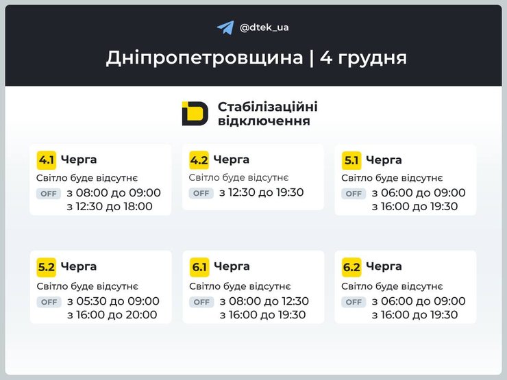 Коли 4 грудня вимкнуть світло у Дніпропетровській області?