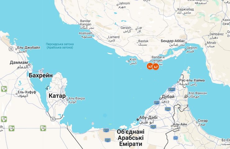 Карта с ударами по кораблям КСИР в Ормузском проливе 9 марта