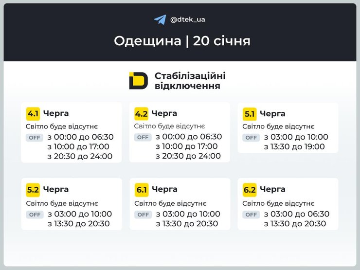 одещина графіки відключень 20 січня