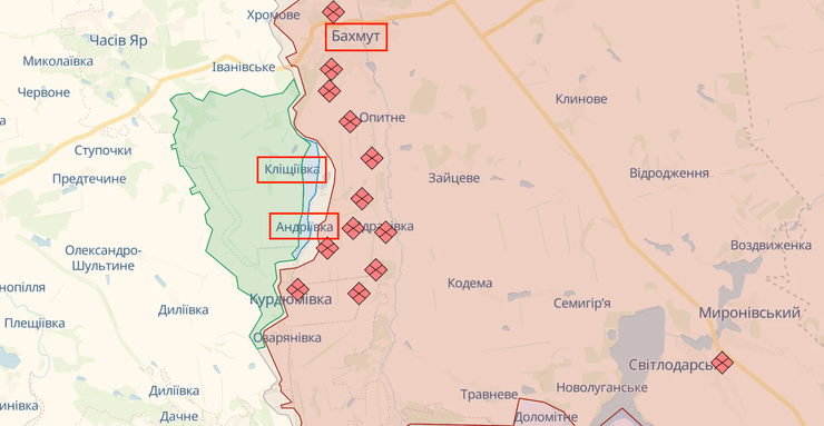 карта боевых действий, Андреевка, Клещиевка, Бахмут