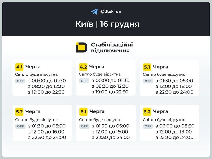 київ графіки відключень 16 грудня