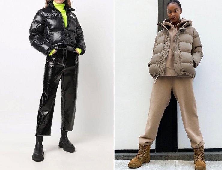 короткий пуховик, з чим носити короткий пуховик, тренд осінь 2021, штани, джинси