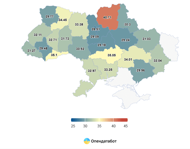 карта Украины, доля женщин-директоров новых компаний по областям