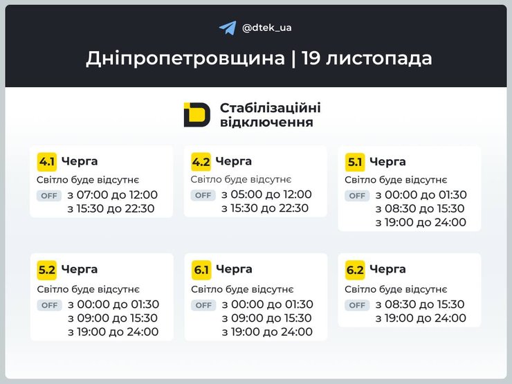 оновлені графіки відключення електроенергії на Дніпропетровщині